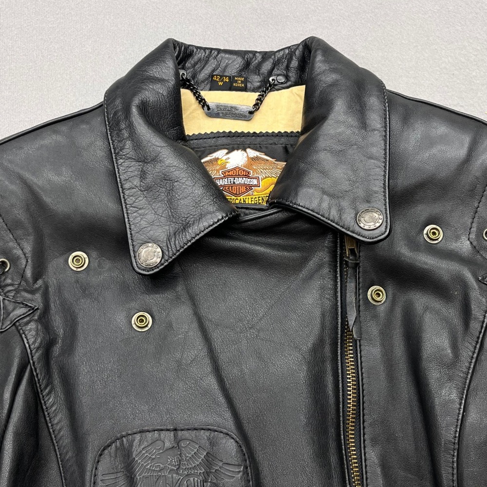 Vtg 80s Harley-Davidson Women Black Leather Moto Jacket Lace Up HOG Eagle 42/14